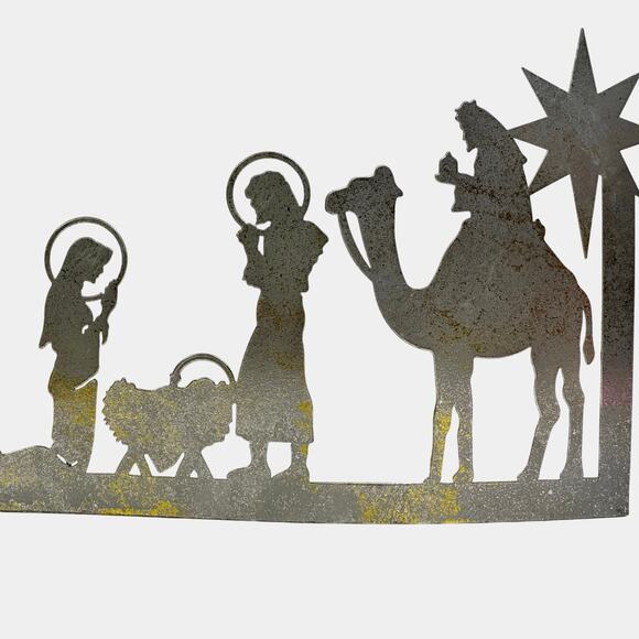 Curved Metal 22.5" Grey/Gold Flecks Die-Cut Christmas Nativity Scene - Picture 2 of 6